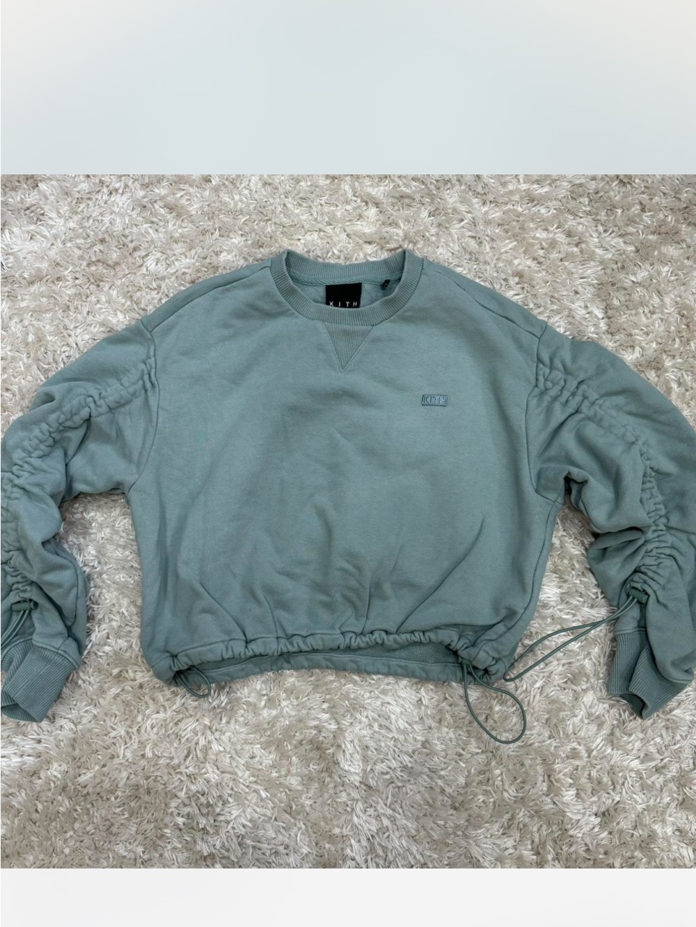 Kith Washed Sage Green Ruched Sleeve Cropped Sweatshirt
